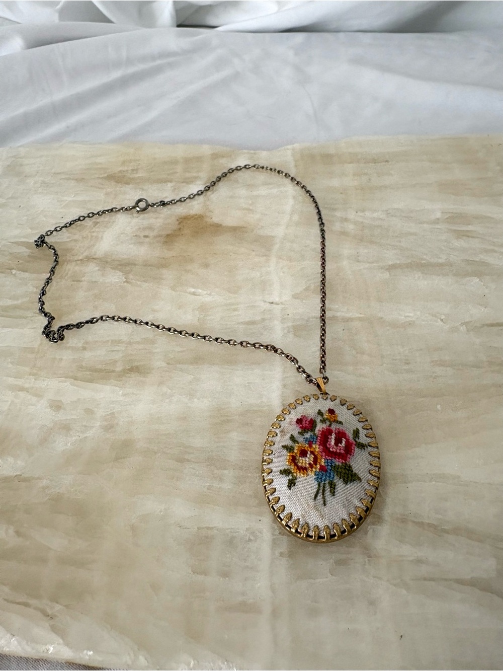 Vintage needlepoint tapestry floral necklace pendant gold tone cottage